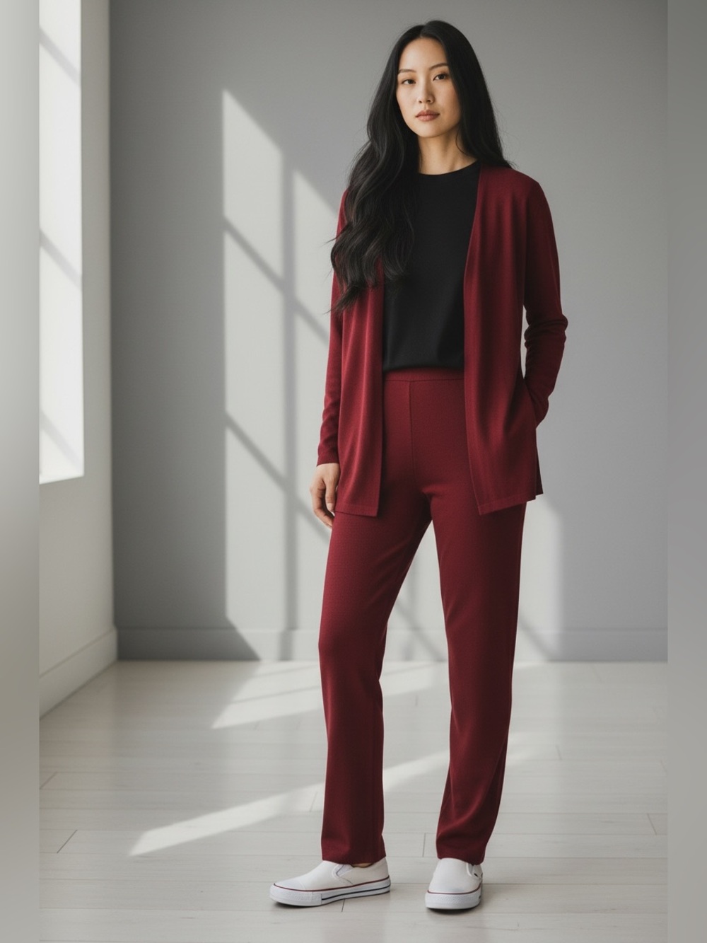 Chico's Deep Burgundy Matching Knit Pantsuit with Open Cardigan